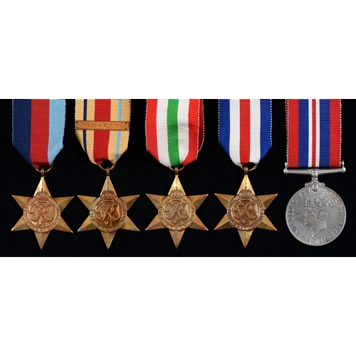 840 - 1939-1945 Star, Africa Star, First Army clasp, Italy Star, France and Germany Star and War Medal, ca... 