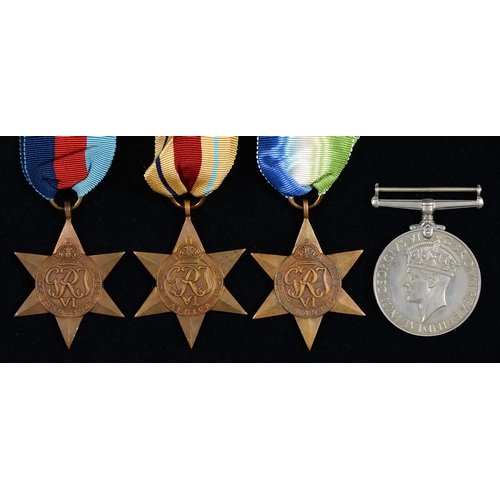 854 - 1939-1945 Star, Atlantic Star, Africa Star and War Medal, card box addressed E C R Chase, Pretoria, ... 