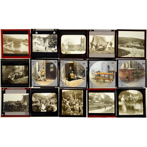 913 - A collection of 60 x 30mm glass stereo photographs, c1920-30, a box of early 20th c magic lantern sl... 