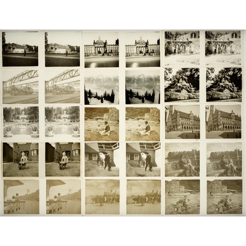 913 - A collection of 60 x 30mm glass stereo photographs, c1920-30, a box of early 20th c magic lantern sl... 