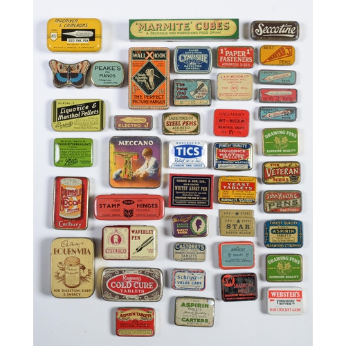 916 - Advertising. Forty-one tins, first half 20th c, including a butterfly shaped example, lithographed i... 