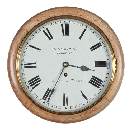 929 - A Victorian mahogany cased wall timepiece, Hardwick Derby St Burton on Trent, with painted dial, cha... 