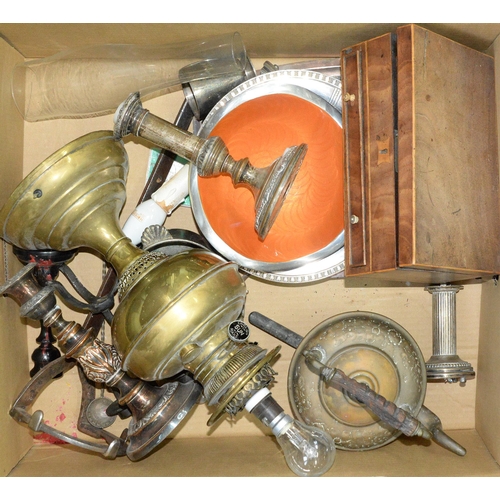 944 - A brass oil lamp, Regency mahogany line inlaid work box and miscellaneous bygones, etc... 