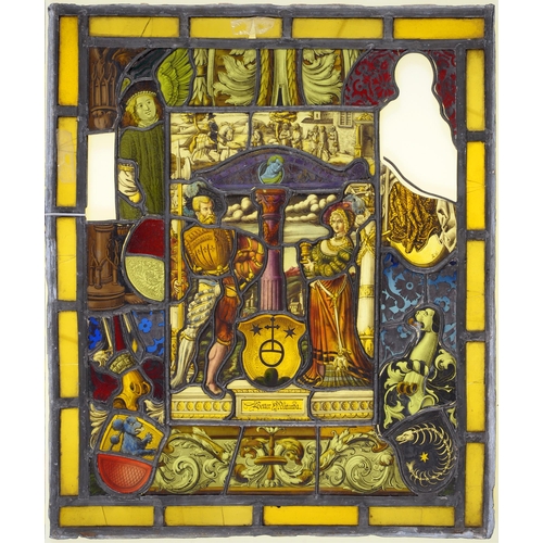 946 - A Northern European window light, composed of fragments of 17th c and later stained glass around a s... 