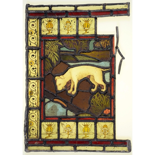 947 - A Victorian stained glass window light of a dog gazing at it's reflection in water, 52 x 37cm, unfra... 