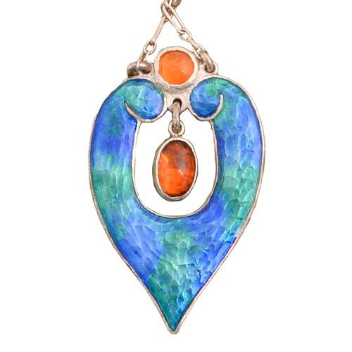 108 - An Arts & Crafts silver and guilloche enamel pendant, c1905,  with two foiled amber cabocho... 