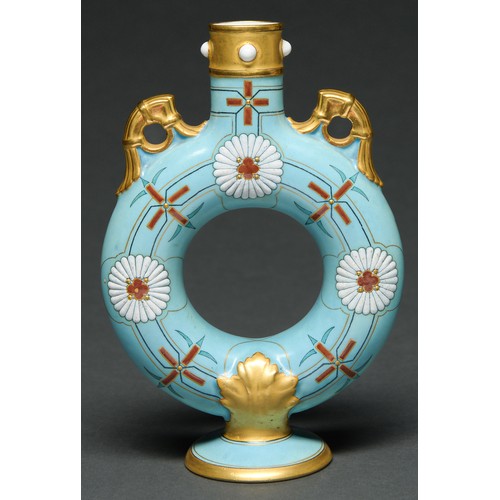 514 - A Royal Worcester aesthetic ring vase, 1874,  enamelled with white and red kiku mon on a blue g... 