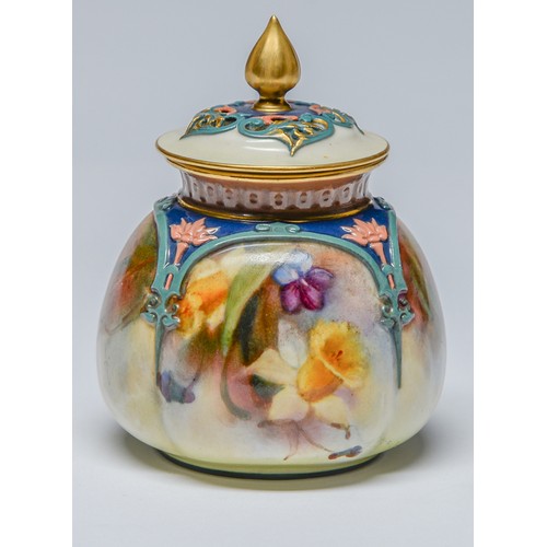 515 - A Royal Worcester Hadley Ware pot pourri vase and cover, c1905, painted with violets and narcissi fr... 