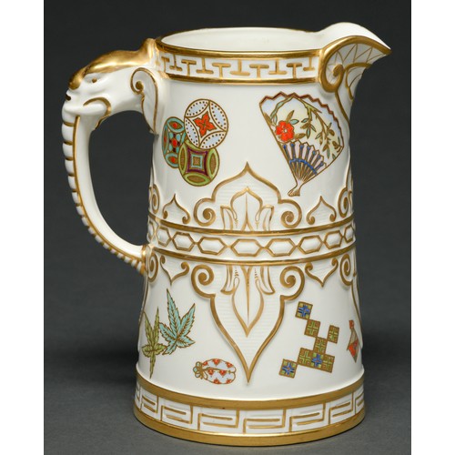 525 - A Royal Worcester aesthetic jug, 1885  with elephant handle, decorated in two registers divided... 