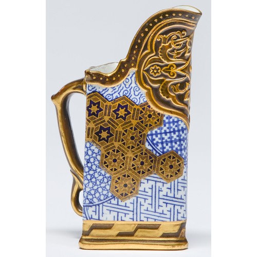 528 - A Royal Worcester aesthetic cream jug, 1871,  of triangular form with bronze and gilt moulded s... 