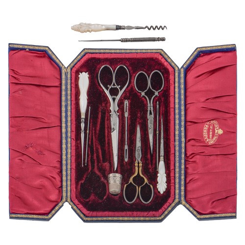 713 - Needlework tools. A composed set of Victorian mother of pearl handled burnished steel sewing tools a... 