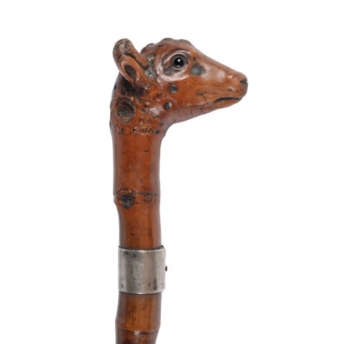 751 - Folk art. An unusual Victorian carved bamboo cane, the pommel in the form of the head of a cow with ... 