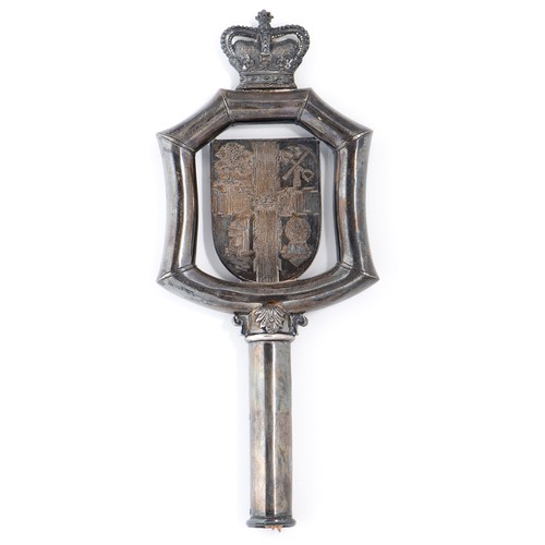 763 - A George V silver High Sheriff's Staff of Office, in the form of a shield in bamboo shaped frame sur... 