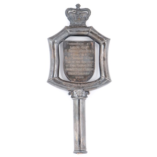 763 - A George V silver High Sheriff's Staff of Office, in the form of a shield in bamboo shaped frame sur... 