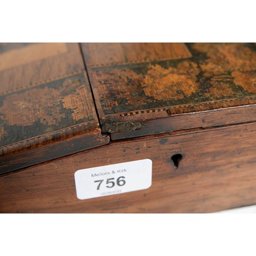 756 - A Victorian Tunbridge ware slope front writing box, decorated with a view of Eridge Castle in traili... 