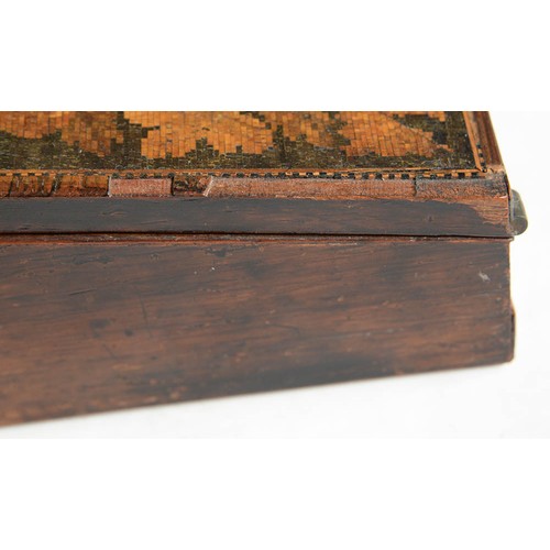 756 - A Victorian Tunbridge ware slope front writing box, decorated with a view of Eridge Castle in traili... 