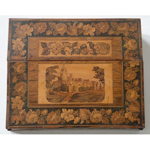 756 - A Victorian Tunbridge ware slope front writing box, decorated with a view of Eridge Castle in traili... 