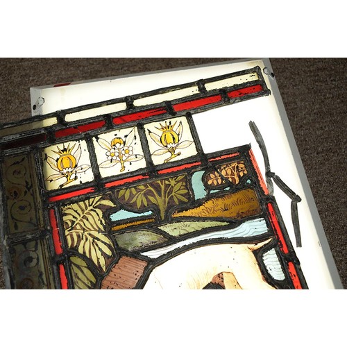 947 - A Victorian stained glass window light of a dog gazing at it's reflection in water, 52 x 37cm, unfra... 