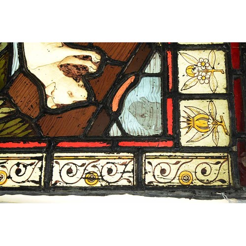 947 - A Victorian stained glass window light of a dog gazing at it's reflection in water, 52 x 37cm, unfra... 