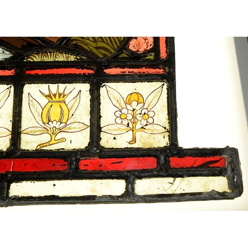 947 - A Victorian stained glass window light of a dog gazing at it's reflection in water, 52 x 37cm, unfra... 