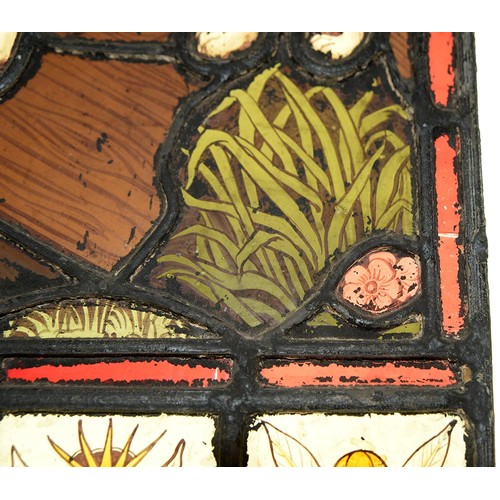 947 - A Victorian stained glass window light of a dog gazing at it's reflection in water, 52 x 37cm, unfra... 