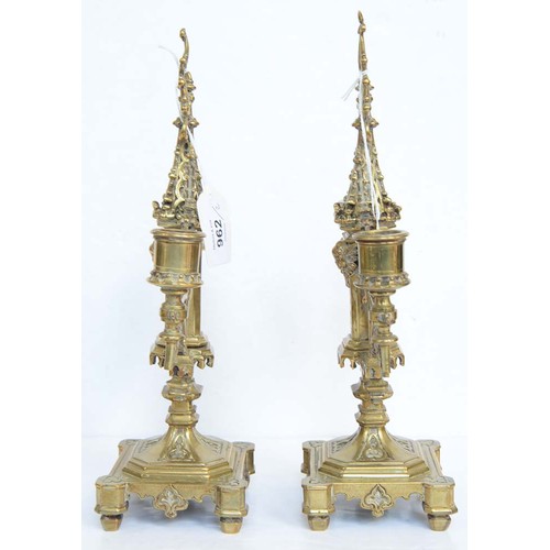 962 - A pair of Victorian brass gothic twin branch candelabra, c1870, 30cm h