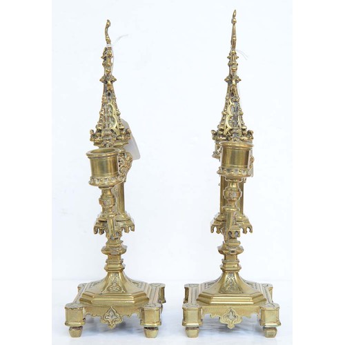 962 - A pair of Victorian brass gothic twin branch candelabra, c1870, 30cm h