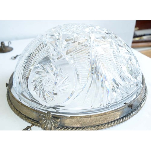 966A - A brilliant cut glass hemispherical hanging lamp bowl, early 20th c, mounted in a silvered brass rop... 