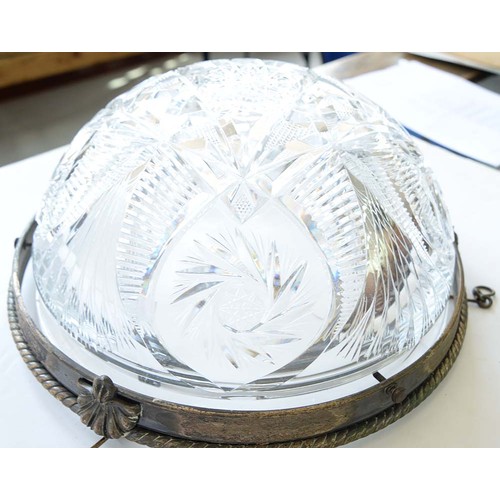 966A - A brilliant cut glass hemispherical hanging lamp bowl, early 20th c, mounted in a silvered brass rop... 