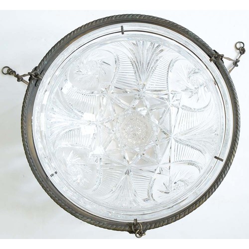 966A - A brilliant cut glass hemispherical hanging lamp bowl, early 20th c, mounted in a silvered brass rop... 