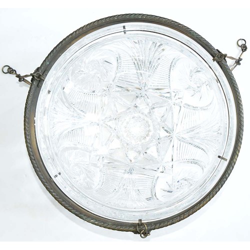 966A - A brilliant cut glass hemispherical hanging lamp bowl, early 20th c, mounted in a silvered brass rop... 