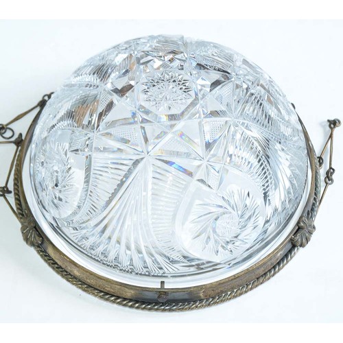 966A - A brilliant cut glass hemispherical hanging lamp bowl, early 20th c, mounted in a silvered brass rop... 