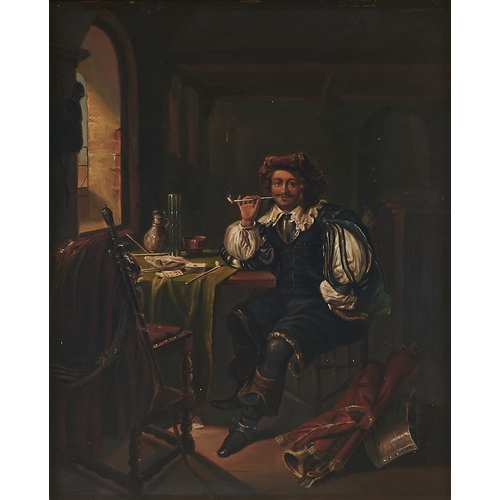 282 - After Franz van Mieris the Elder - A Cavalier Smoking in an Interior, oil on board, 38 x 30.5cm... 