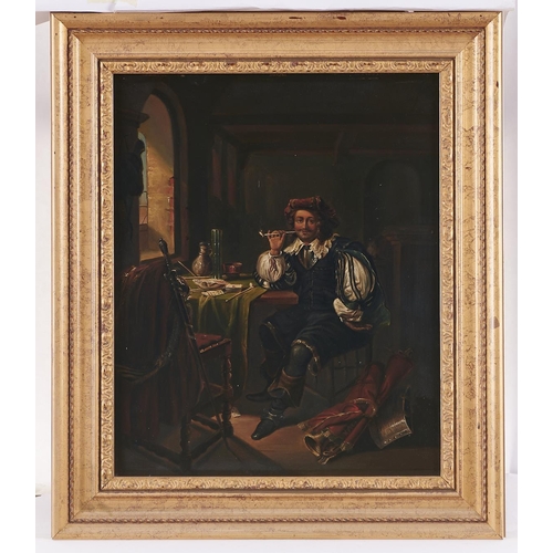 282 - After Franz van Mieris the Elder - A Cavalier Smoking in an Interior, oil on board, 38 x 30.5cm... 