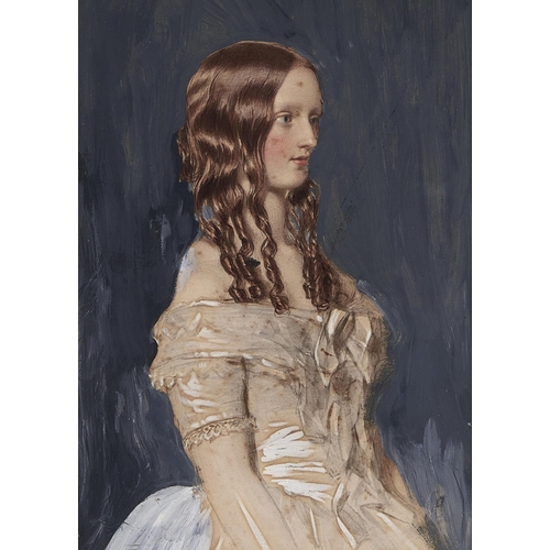 352 - After Audrey Philips - Portrait of Gwen Salt, three quarter length in a cream dress with crinoline a... 