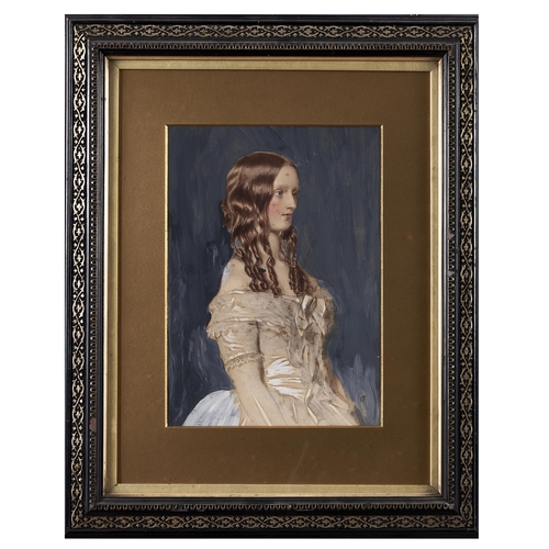 352 - After Audrey Philips - Portrait of Gwen Salt, three quarter length in a cream dress with crinoline a... 