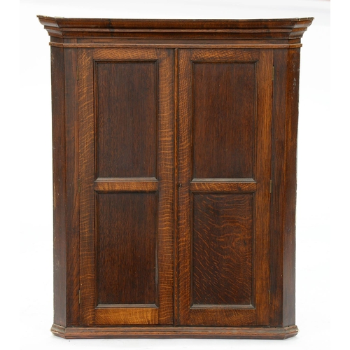 584 - An oak hanging corner cupboard, with pair of twin-panel doors, 93cm h; 40 x 76cm and a Victorian mah... 