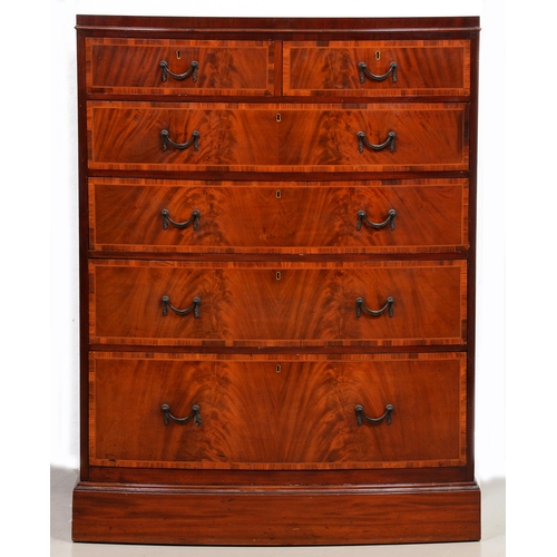 616 - An Edwardian flame figured mahogany bow fronted chest of drawers, crossbanded in rosewood and line i... 