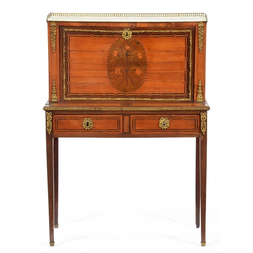 605 - A French mahogany, tulipwood and marquetry bonheur du jour, 19th c, with giltmetal mounts, galleried... 