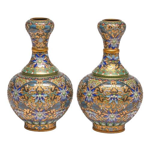 105 - A pair of Chinese gilt brass and cloisonné enamel garlic necked vases, 20th c,  20cm h... 