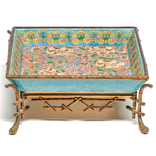 106 - A French gilt lacquered brass faux bamboo mounted Longwy earthenware 'cloisonne' square dish, c1880,... 