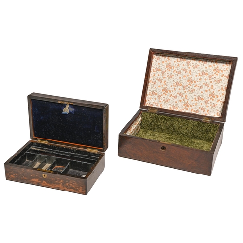 108 - A  Victorian marblewood jewel box,  the lid with vacant brass inset tablet, the fitted interior line... 