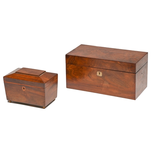 109 - A Victorian mahogany tea chest, in plain and figured veneers, the fitted interior retaining pair of ... 