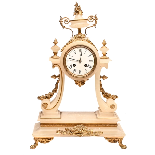 120 - A French gilt lacquered brass mounted alabaster portico clock, late 19th c, with enamel dial, 47cm h... 