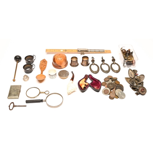 129 - Miscellaneous treen and metalwork,  to include a turned wood hatpin stand, Scandinavian carved light... 