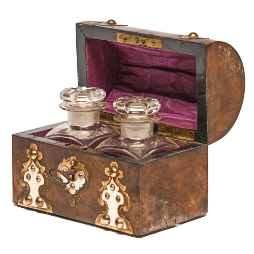 152 - A Victorian walnut scent casket, with studded gilt brass and ivory strapwork, the plush lined divide... 