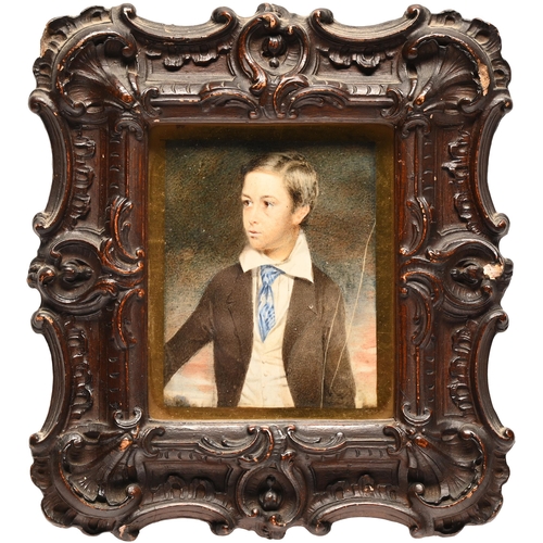 172 - English School, 19th c - Portrait Miniature of a Young Man, in a blue tie and brown coat, ivory, 95 ... 