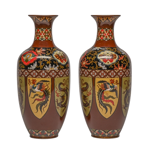 177 - A pair of Japanese cloisonne enamel vases, Meiji period, in two  brown ground registers and decorate... 