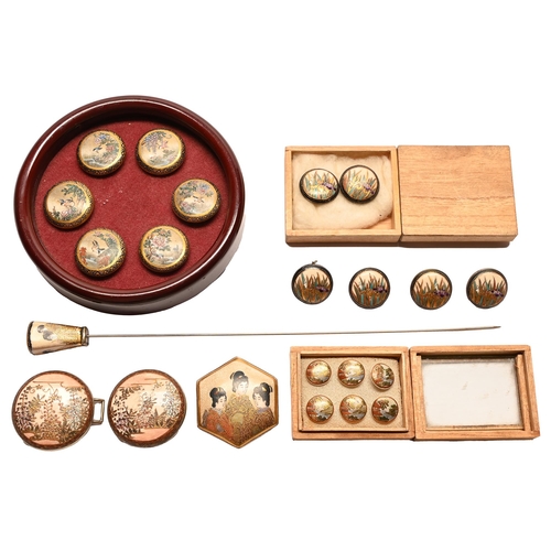 178 - One pair and three sets of Japanese Satsuma buttons, an hexagonal brooch, waist clasp and stickpin t... 