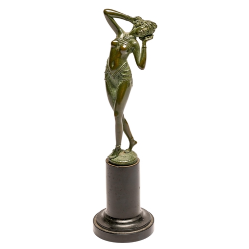 180 - Demetre Chiparus - a miniature bronze statuette of a semi naked dancer, c1930, green patina,  inscri... 